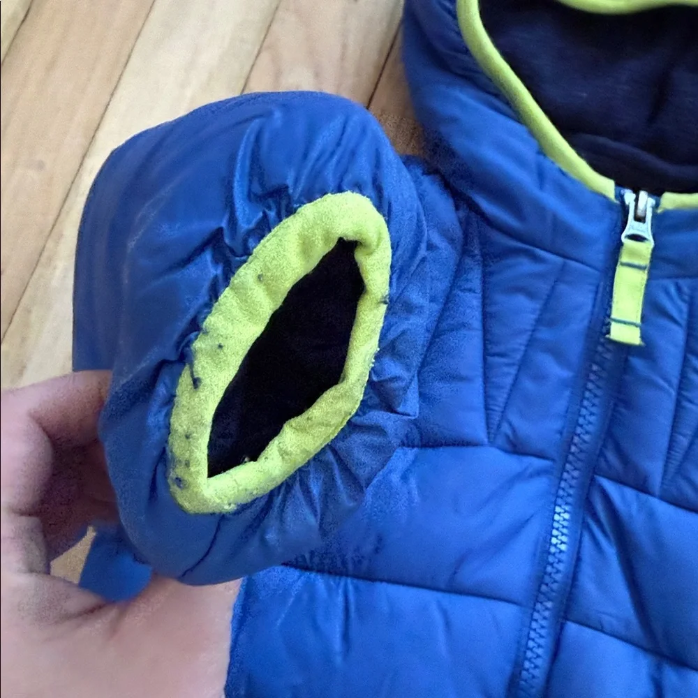 SNOZU Toddler Blue & Neon Green Hood Puffer Fleece Lined Jacket with Double Zip